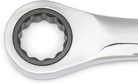 Ratcheting box-end wrench with polished chrome finish and toothed inner ring. Designed for continuous turning in one direction without removing the tool, ideal for confined mechanical spaces