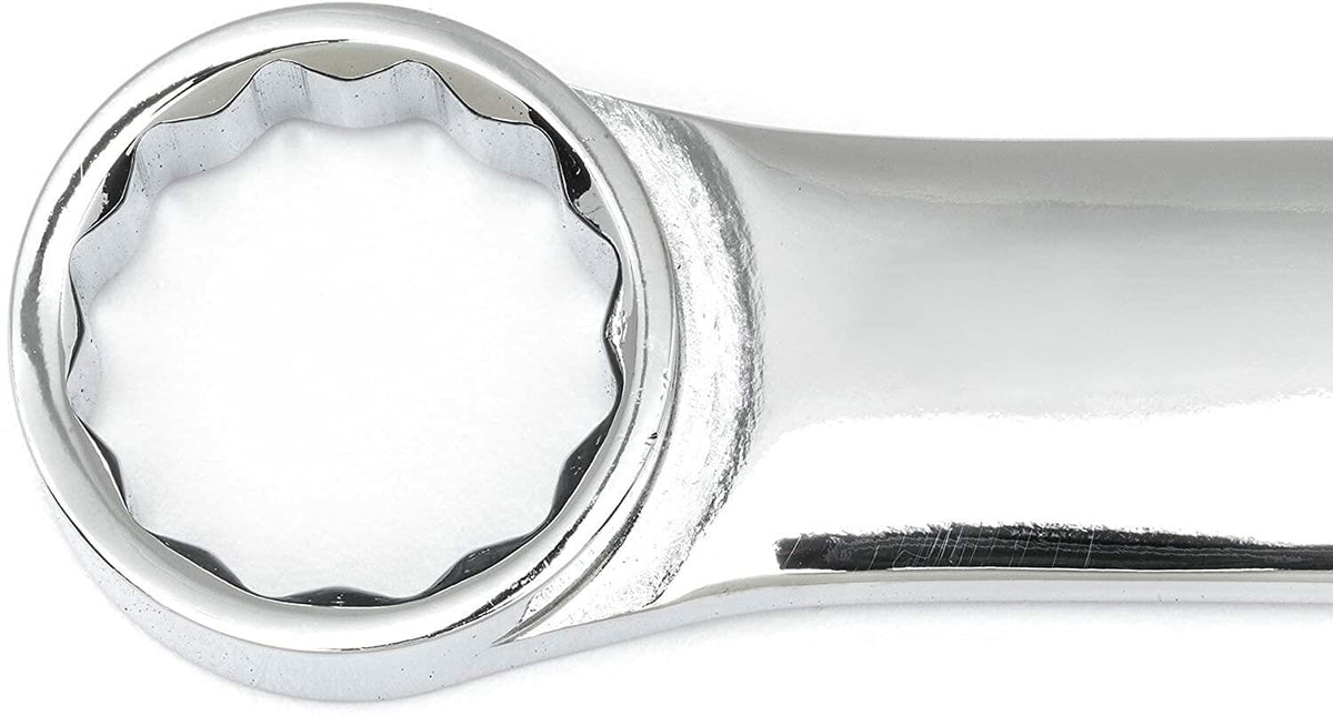 Polished chrome box-end wrench with 12-point ring design for versatile grip on fasteners. Commonly used in mechanical and automotive work for tightening or loosening bolts in tight spaces.