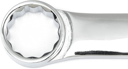 Polished chrome box-end wrench with 12-point ring design for versatile grip on fasteners. Commonly used in mechanical and automotive work for tightening or loosening bolts in tight spaces.
