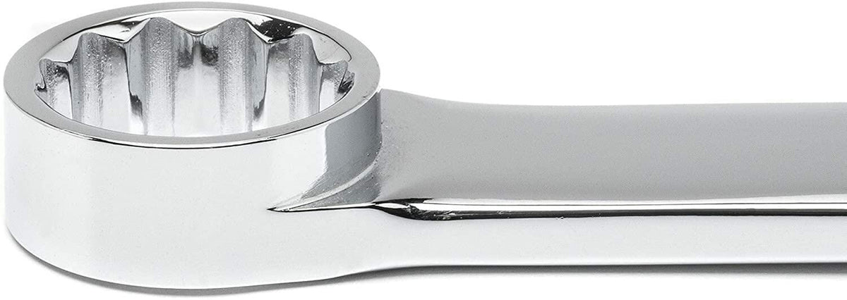 Close-up of a polished metal box-end wrench showing its 12-point ring design. Used for gripping hex fasteners with more contact points to reduce rounding. Ideal for mechanical and automotive tasks.