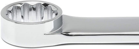 Close-up of a polished metal box-end wrench showing its 12-point ring design. Used for gripping hex fasteners with more contact points to reduce rounding. Ideal for mechanical and automotive tasks.