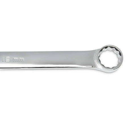 Chrome box-end wrench with 12-point design and “19 mm” size marking engraved on the handle. Designed for gripping and turning metric fasteners in mechanical and automotive applications.