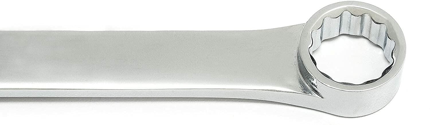 Close-up of a polished 12-point box-end wrench. The ring design allows for multi-angle engagement with hex fasteners. Commonly used in mechanical and automotive maintenance and repair.