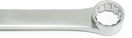 Close-up of a polished 12-point box-end wrench. The ring design allows for multi-angle engagement with hex fasteners. Commonly used in mechanical and automotive maintenance and repair.