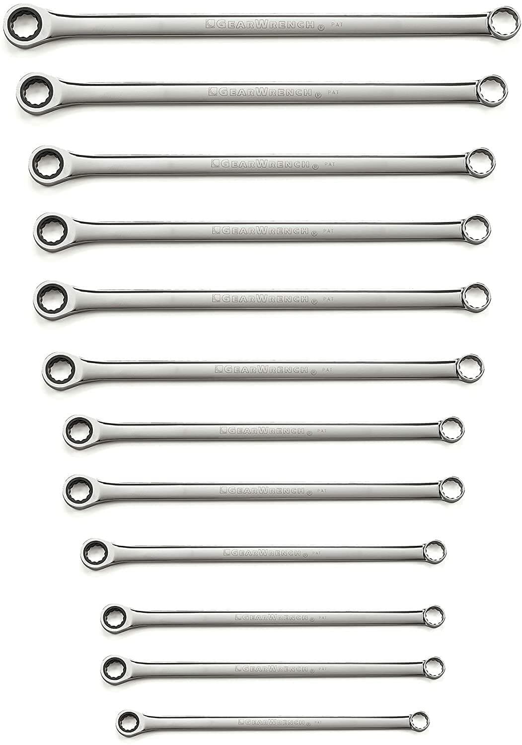 Set of 13 polished combination wrenches arranged vertically by size. Each wrench features an open-end and a box-end, designed for mechanical and automotive fastening tasks.