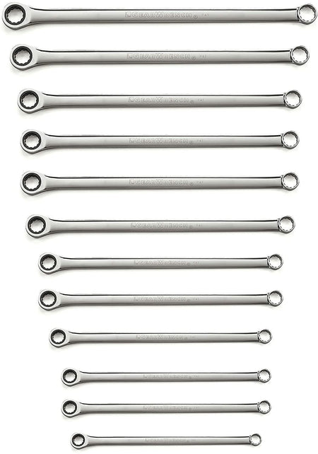 Set of 13 polished combination wrenches arranged vertically by size. Each wrench features an open-end and a box-end, designed for mechanical and automotive fastening tasks.