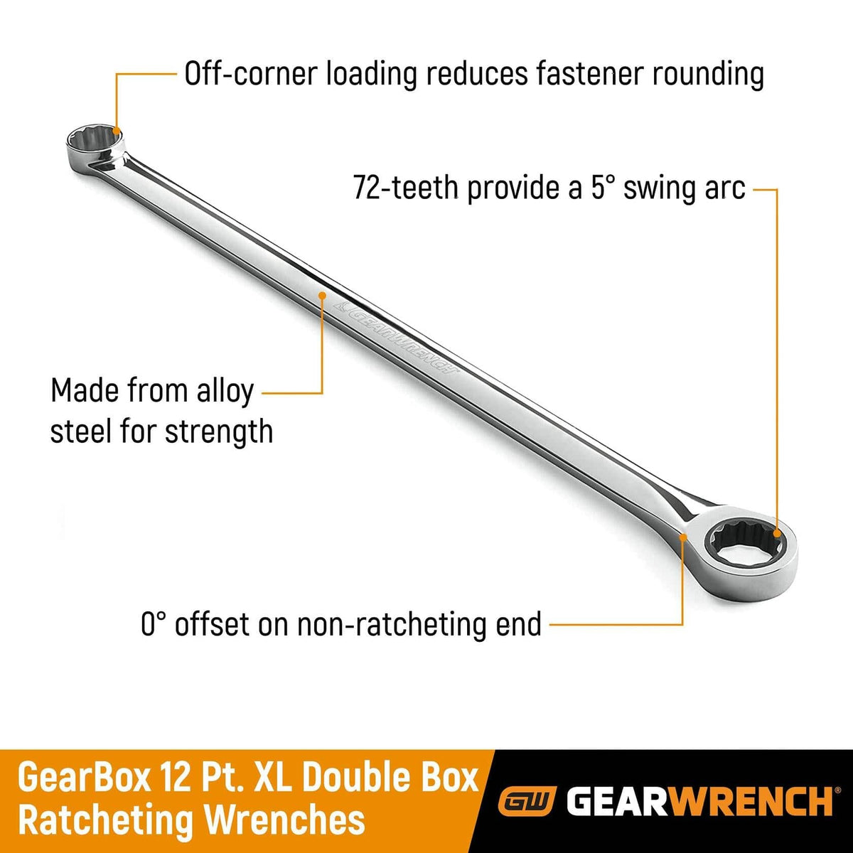 Promotional image of GEARWRENCH XL GearBox ratcheting wrench highlighting features: off-corner loading, 72-tooth mechanism, alloy steel construction, and 0° offset for high-torque access.
