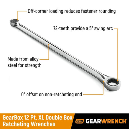 Promotional image of GEARWRENCH XL GearBox ratcheting wrench highlighting features: off-corner loading, 72-tooth mechanism, alloy steel construction, and 0° offset for high-torque access.