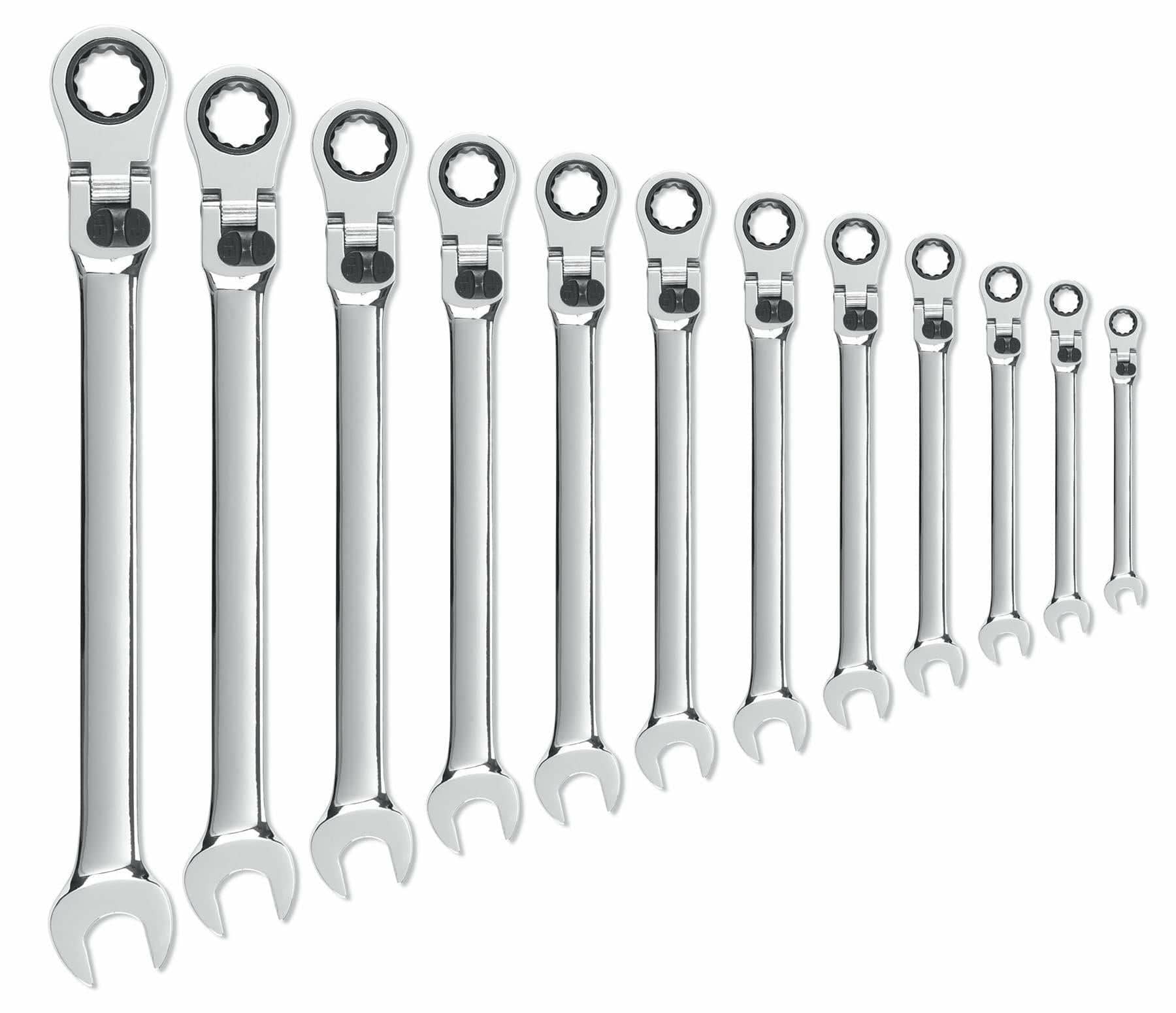 Row of 12 polished ratcheting combination wrenches arranged by size from largest to smallest. Each wrench includes an open-end and a ratcheting box-end with gear mechanism for continuous turning. Ideal for automotive and machinery maintenance in tight or recessed areas.