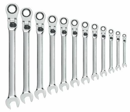 Row of 12 polished ratcheting combination wrenches arranged by size from largest to smallest. Each wrench includes an open-end and a ratcheting box-end with gear mechanism for continuous turning. Ideal for automotive and machinery maintenance in tight or recessed areas.
