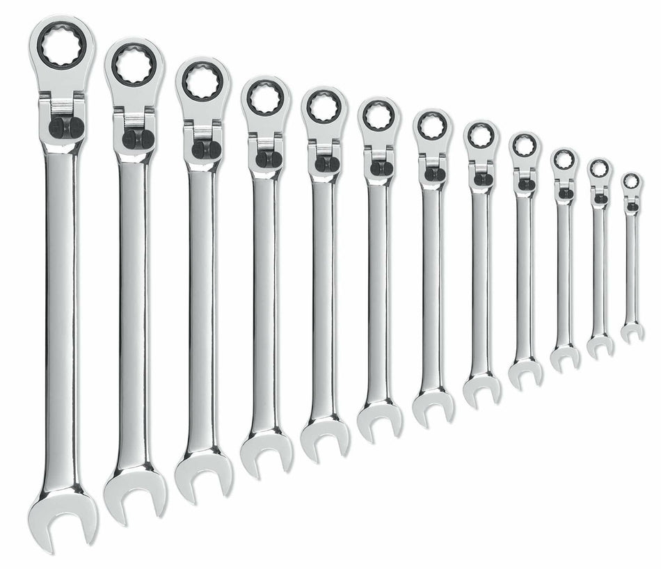 Row of 12 polished ratcheting combination wrenches arranged by size from largest to smallest. Each wrench includes an open-end and a ratcheting box-end with gear mechanism for continuous turning. Ideal for automotive and machinery maintenance in tight or recessed areas.