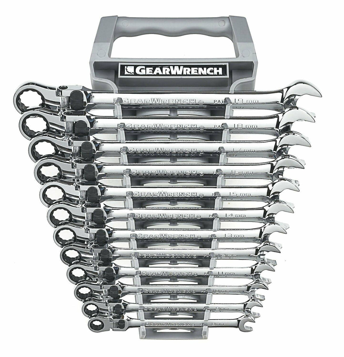 Set of 12 polished chrome ratcheting combination wrenches organized in a black plastic holder labeled “GEARWRENCH.” Each wrench features an open-end and a locking flex head ratcheting box-end, with sizes ranging from 8mm to 20mm. Designed for mechanical and automotive work requiring torque and reach.