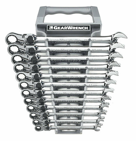 Set of 12 polished chrome ratcheting combination wrenches organized in a black plastic holder labeled “GEARWRENCH.” Each wrench features an open-end and a locking flex head ratcheting box-end, with sizes ranging from 8mm to 20mm. Designed for mechanical and automotive work requiring torque and reach.
