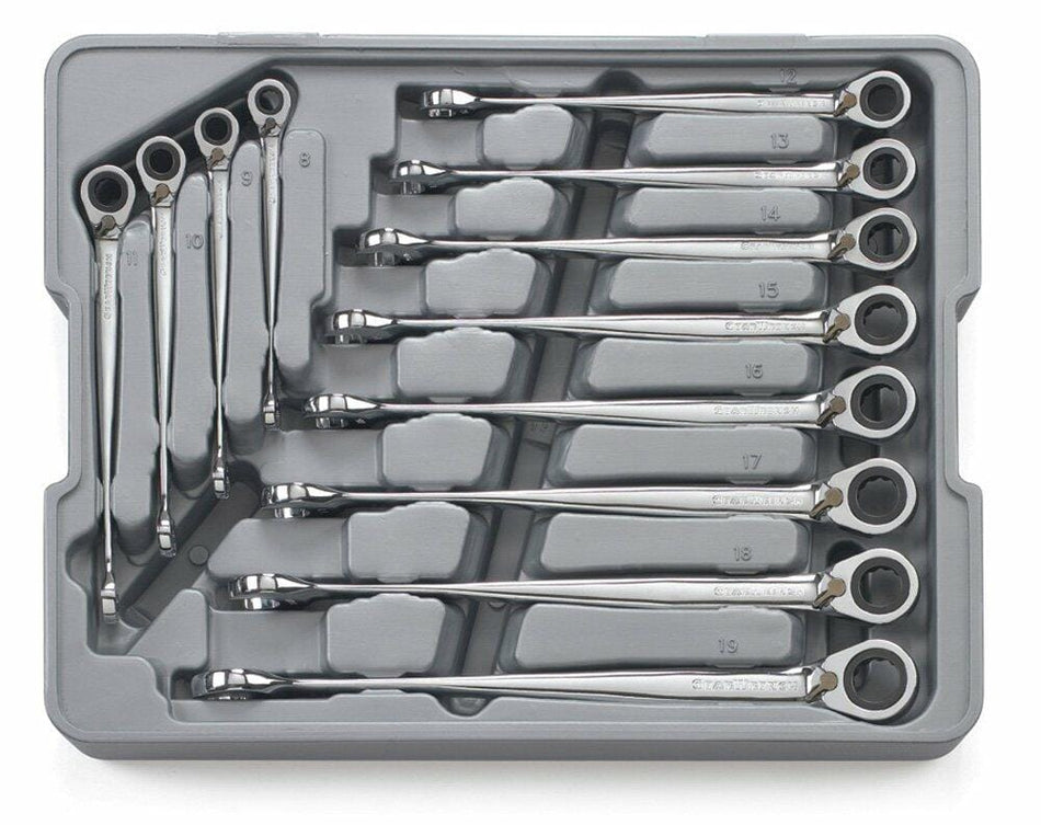 The 12-piece GEARWRENCH XL X-Beam metric ratcheting wrench set neatly organized in its fitted plastic storage tray.