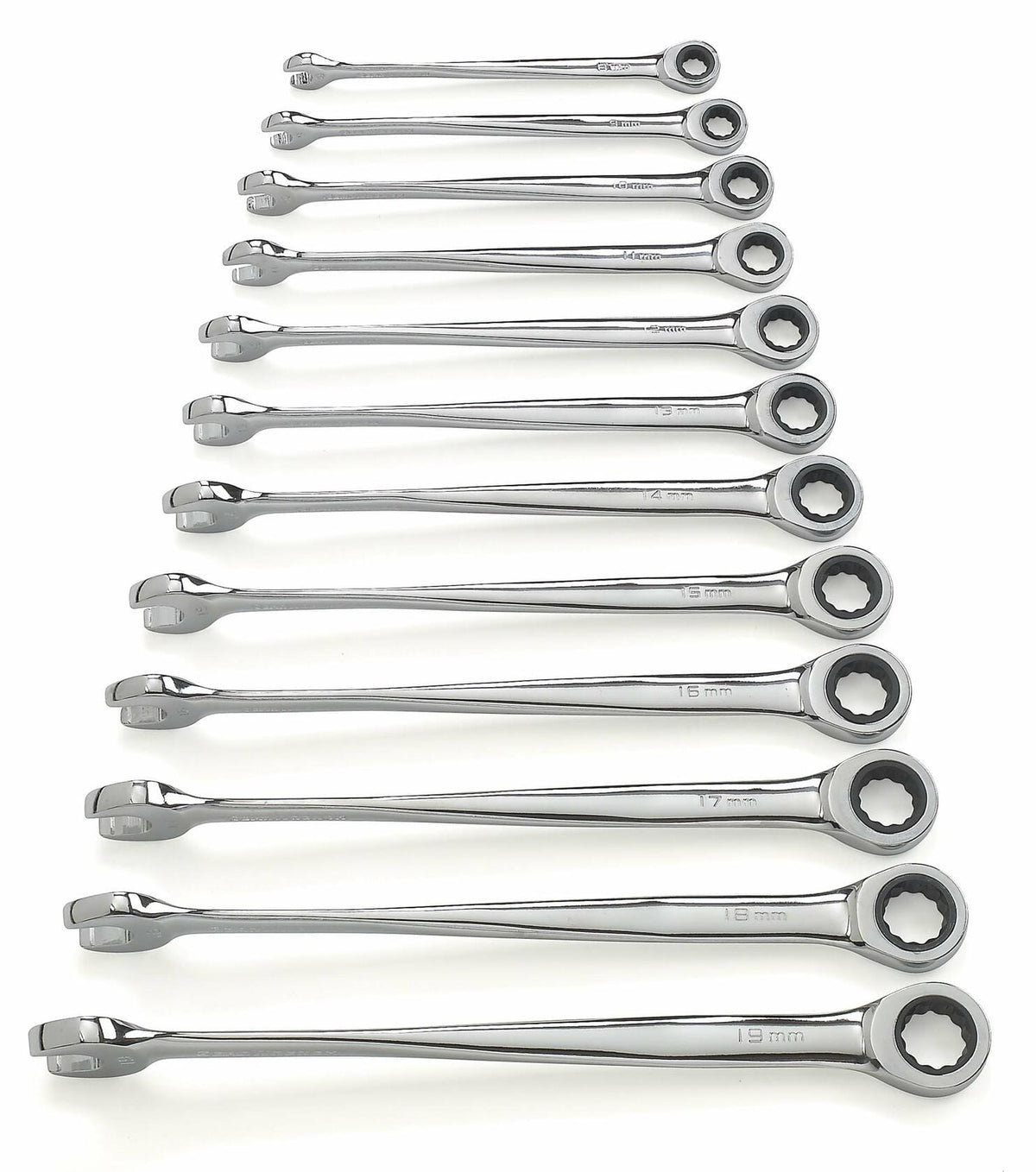 Set of 12 polished chrome ratcheting combination wrenches arranged by size from 6mm to 19mm. Each wrench includes an open-end and a ratcheting box-end, ideal for mechanical and automotive applications requiring precise fit and fast operation