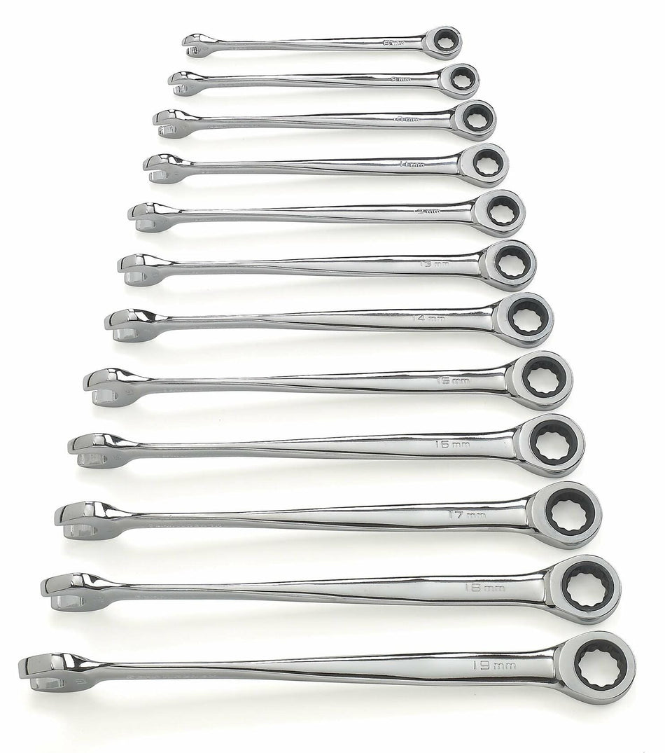 Set of 12 polished chrome ratcheting combination wrenches arranged by size from 6mm to 19mm. Each wrench includes an open-end and a ratcheting box-end, ideal for mechanical and automotive applications requiring precise fit and fast operation