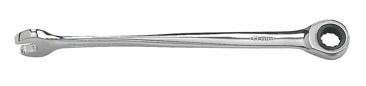 Close-up of a polished chrome ratcheting combination wrench labeled “10 mm.” Features an open-end and a ratcheting box-end, designed for efficient tightening or loosening of metric fasteners in confined spaces
