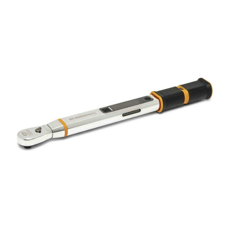An angled view of the GEARWRENCH 120XP E-Spec electronic torque wrench, showcasing its low-profile flex head, digital screen, and ergonomic black and orange handle, against a solid white background.