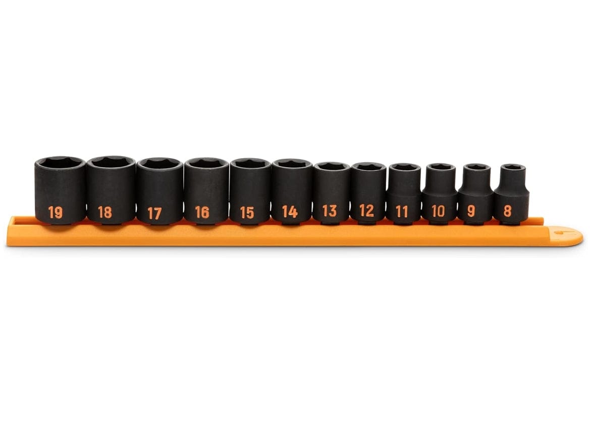 A comprehensive studio shot of the GEARWRENCH 12-piece 3/8 inch drive metric Hi-Viz impact socket set organized on a professional orange socket rail, showcasing the standard profile and high-visibility orange color-filled size markings ranging from 8mm to 19mm.