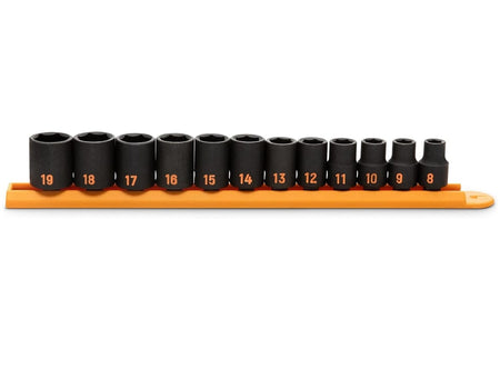 A comprehensive studio shot of the GEARWRENCH 12-piece 3/8 inch drive metric Hi-Viz impact socket set organized on a professional orange socket rail, showcasing the standard profile and high-visibility orange color-filled size markings ranging from 8mm to 19mm.