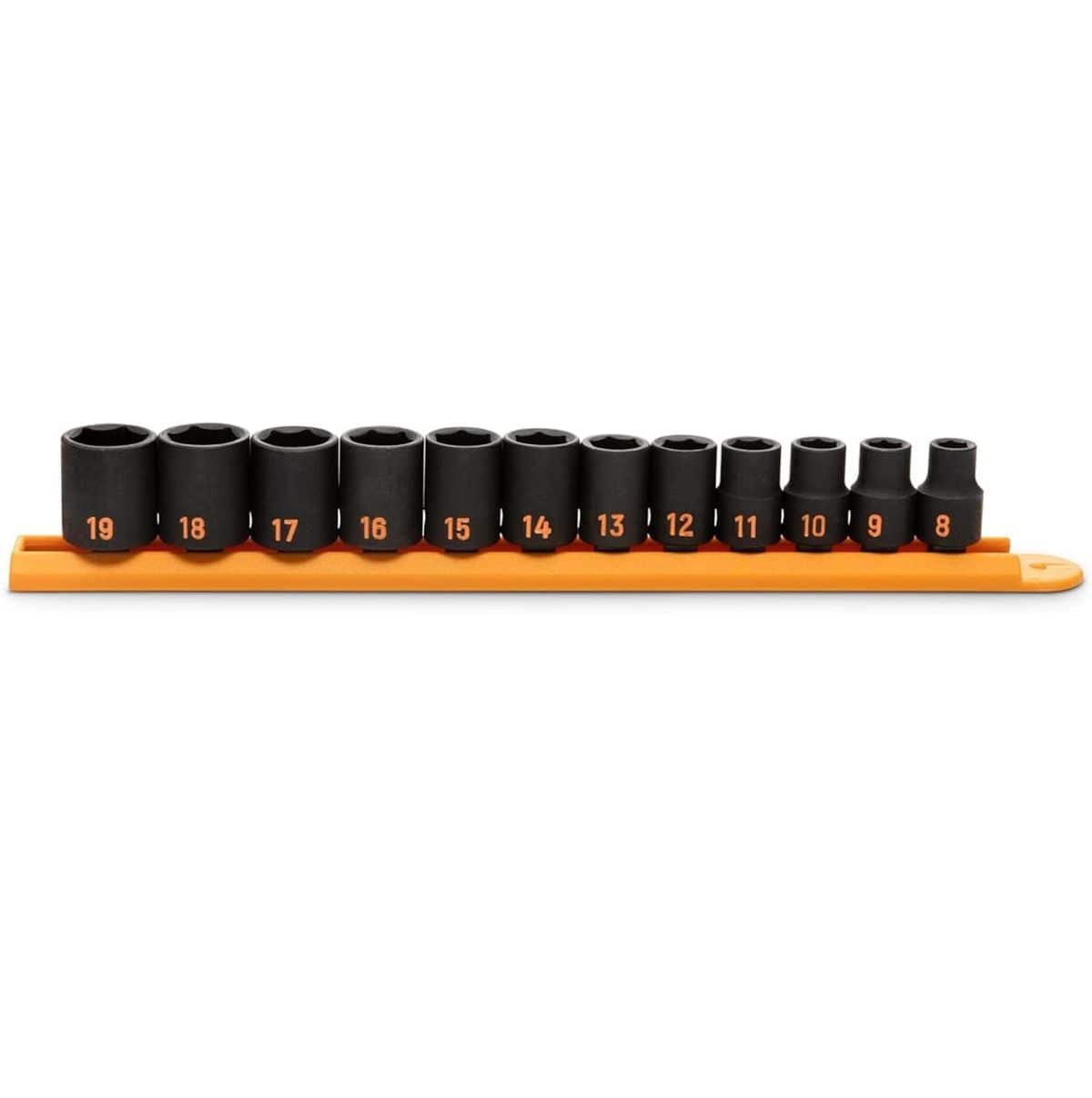 A comprehensive studio shot of the GEARWRENCH 12-piece 3/8 inch drive metric Hi-Viz impact socket set organized on a professional orange socket rail, showcasing the standard profile and high-visibility orange color-filled size markings ranging from 8mm to 19mm.