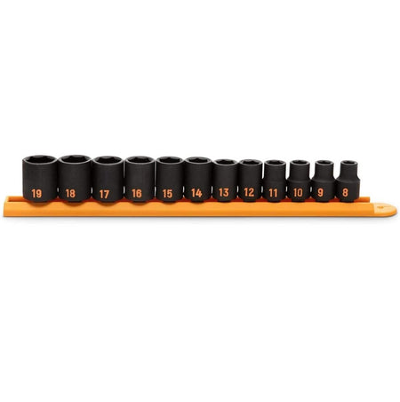 A comprehensive studio shot of the GEARWRENCH 12-piece 3/8 inch drive metric Hi-Viz impact socket set organized on a professional orange socket rail, showcasing the standard profile and high-visibility orange color-filled size markings ranging from 8mm to 19mm.