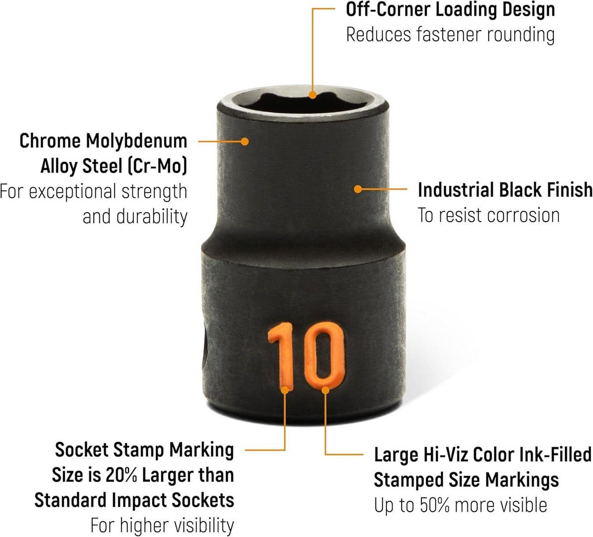 An informational marketing graphic of a GEARWRENCH Hi-Viz impact socket highlighting the Chrome Molybdenum Alloy Steel Cr-Mo construction, 20 percent larger stampings, 50 percent more visible color-ink-filled markings, and industrial black finish.