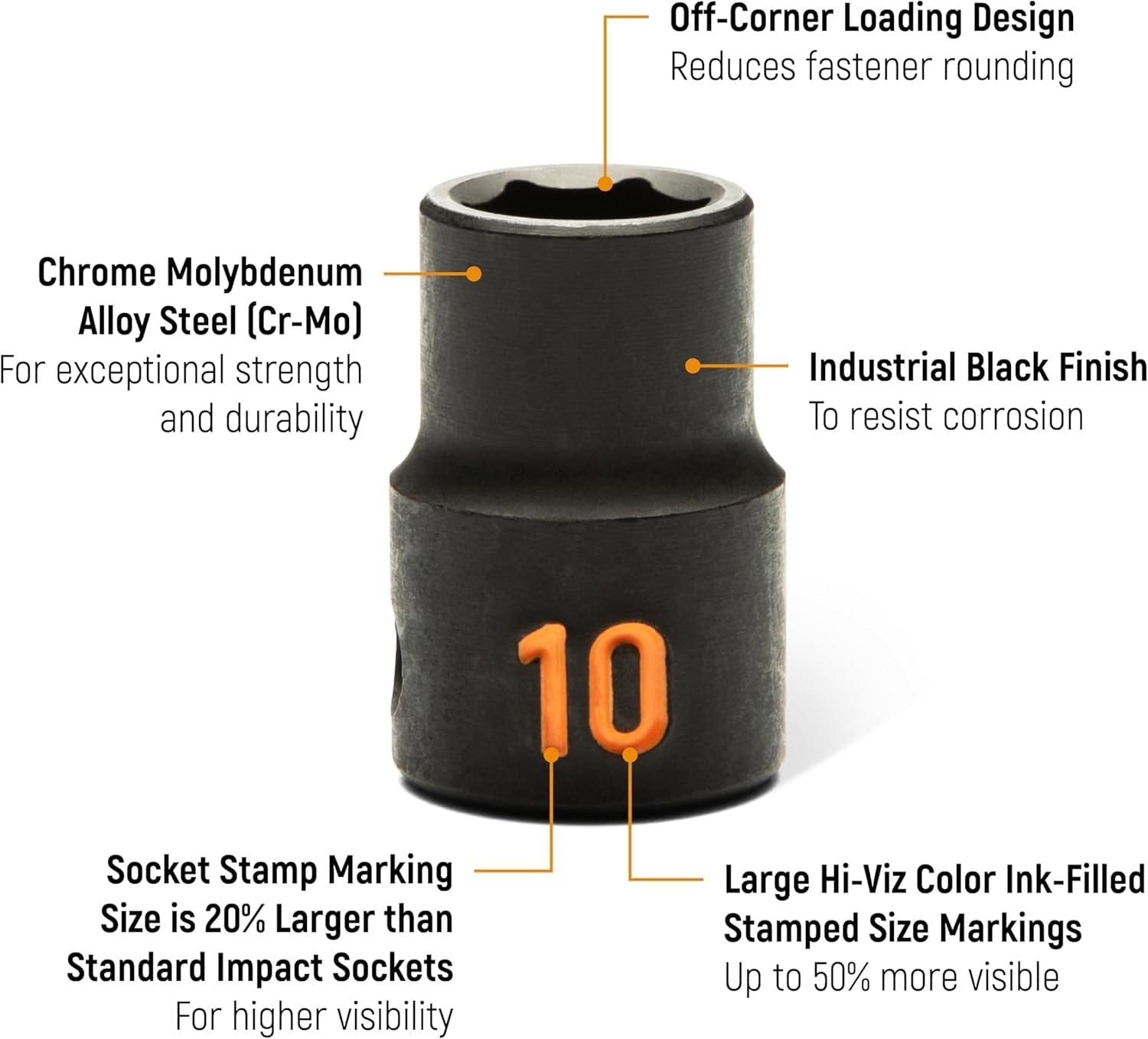 An informational marketing graphic of a GEARWRENCH Hi-Viz impact socket highlighting the Chrome Molybdenum Alloy Steel Cr-Mo construction, 20 percent larger stampings, 50 percent more visible color-ink-filled markings, and industrial black finish.