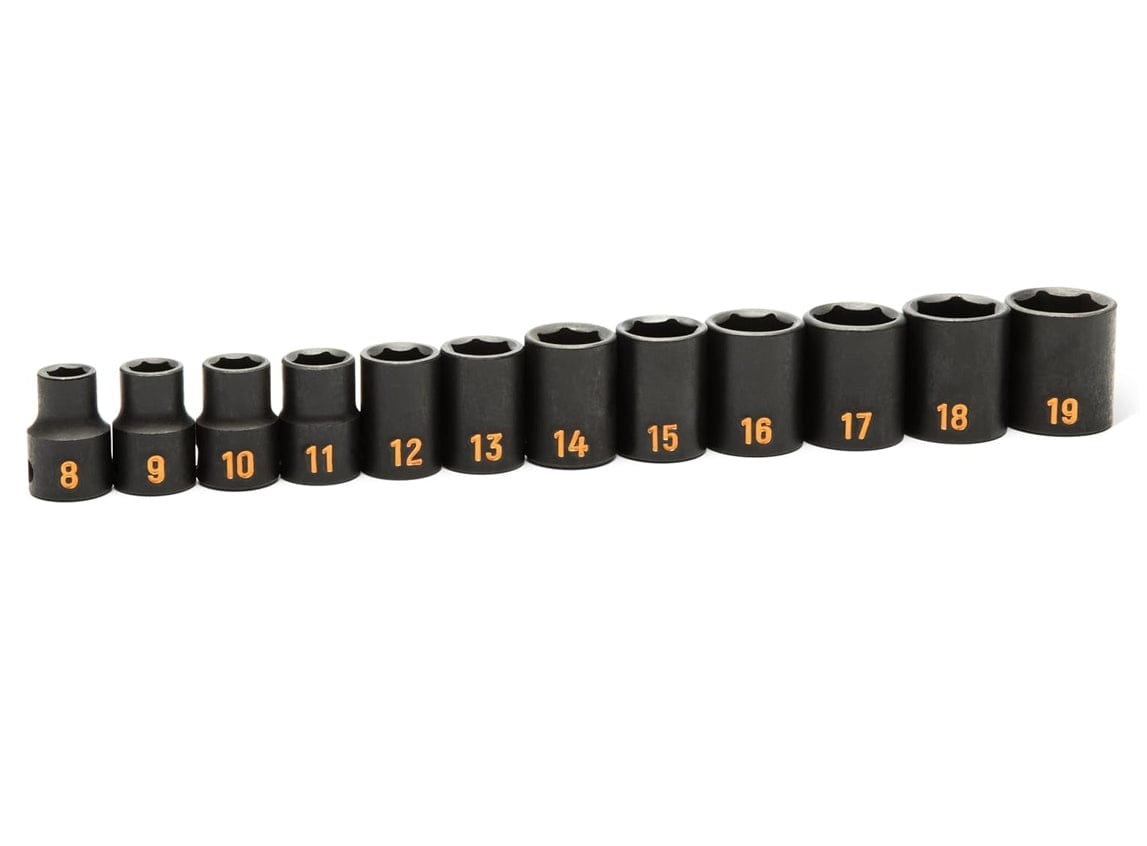 An angled perspective view of the GEARWRENCH 12-piece 3/8 inch drive impact socket set arranged in a line, showcasing the durable industrial black finish and the complete range of metric sizes from 8mm to 19mm.