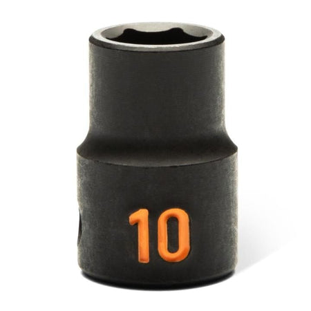 A detailed close-up shot of a 10mm GEARWRENCH Hi-Viz impact socket, showcasing the precision 6-point hex opening and the large high-visibility orange stamped size marking.