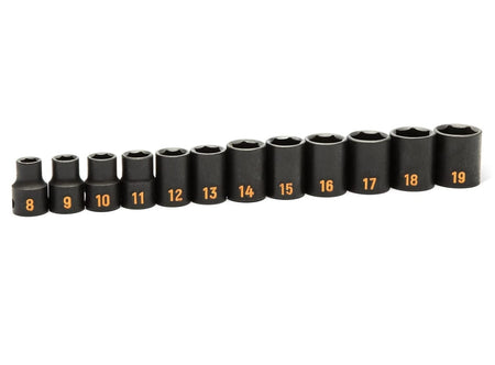 A side-angle perspective of the GEARWRENCH 12-piece metric Hi-Viz impact socket set, emphasizing the rugged industrial black finish and clear orange identification markings for professional shop environments.