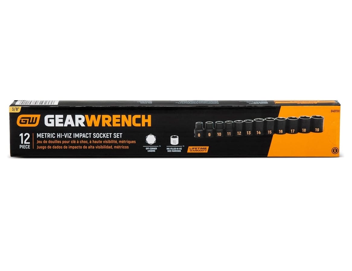 The front-facing retail packaging for the GEARWRENCH 84911H 12-piece metric impact socket set, highlighting the Hi-Viz technology, 6-point design, and professional lifetime warranty.