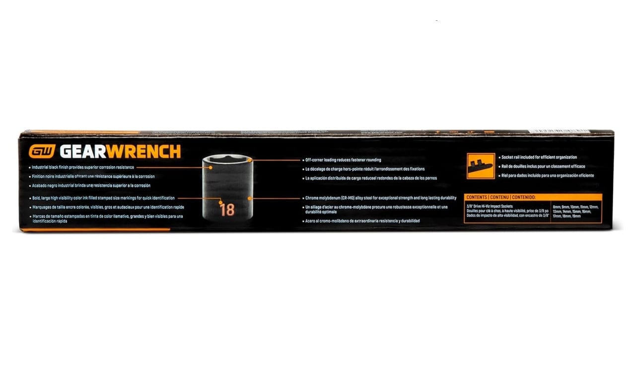 The back of the GEARWRENCH 84911H retail box providing technical details in multiple languages regarding the Cr-Mo alloy steel, off-corner loading design, and included socket rail.