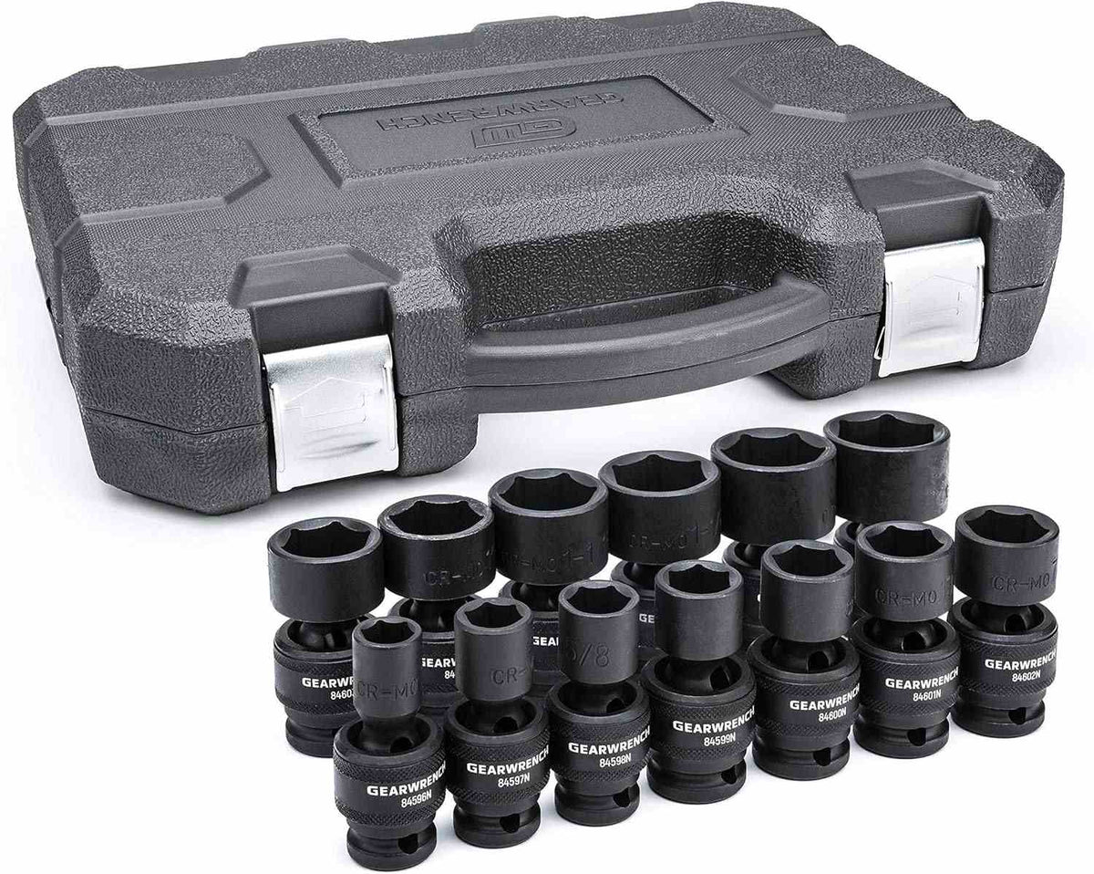 The complete GEARWRENCH 13-piece 1/2-inch drive universal impact socket set (84938N), with all SAE sockets arranged in two rows in front of the closed black blow-molded case.