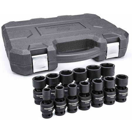 The complete GEARWRENCH 13-piece 1/2-inch drive universal impact socket set (84938N), with all SAE sockets arranged in two rows in front of the closed black blow-molded case.