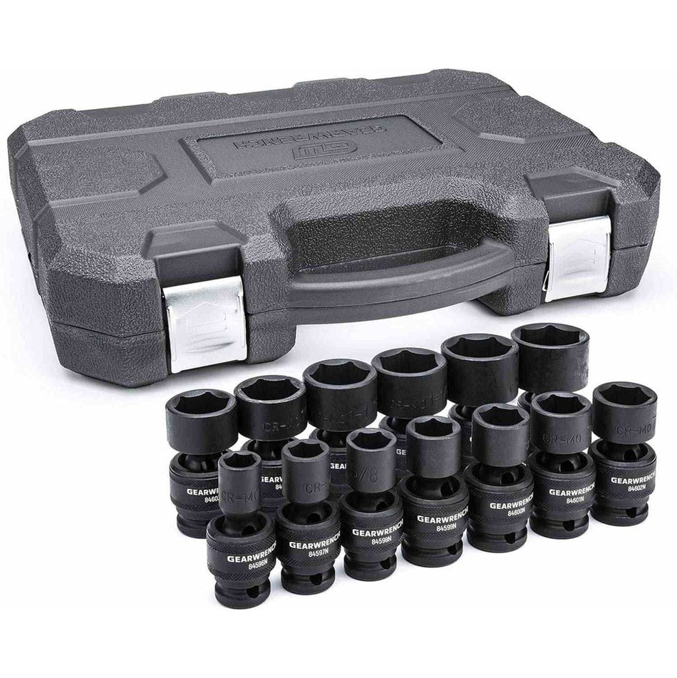 The complete GEARWRENCH 13-piece 1/2-inch drive universal impact socket set (84938N), with all SAE sockets arranged in two rows in front of the closed black blow-molded case.