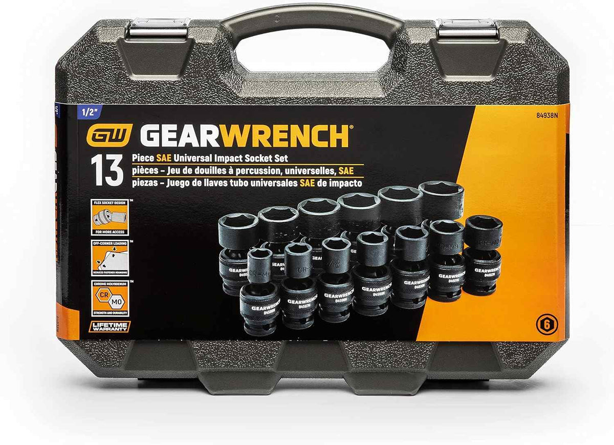 The GEARWRENCH 13-piece SAE universal impact socket set (84938N) shown with its black blow-molded carrying case and retail packaging sleeve.
