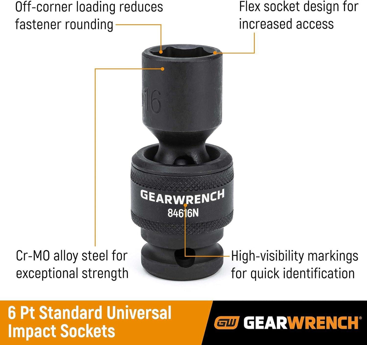 An informational graphic of a GEARWRENCH 6-point universal impact socket (84616N) with callouts pointing to key features: "Off-corner loading," "Flex socket design," "Cr-MO alloy steel," and "High-visibility markings."