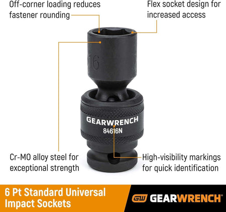 An informational graphic of a GEARWRENCH 6-point universal impact socket (84616N) with callouts pointing to key features: "Off-corner loading," "Flex socket design," "Cr-MO alloy steel," and "High-visibility markings."