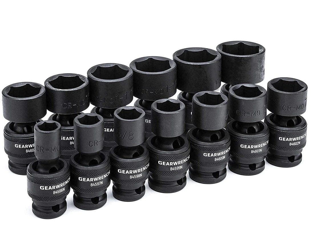 The full 13-piece set of GEARWRENCH 1/2-inch drive universal impact SAE sockets, arranged in two rows on a white background.