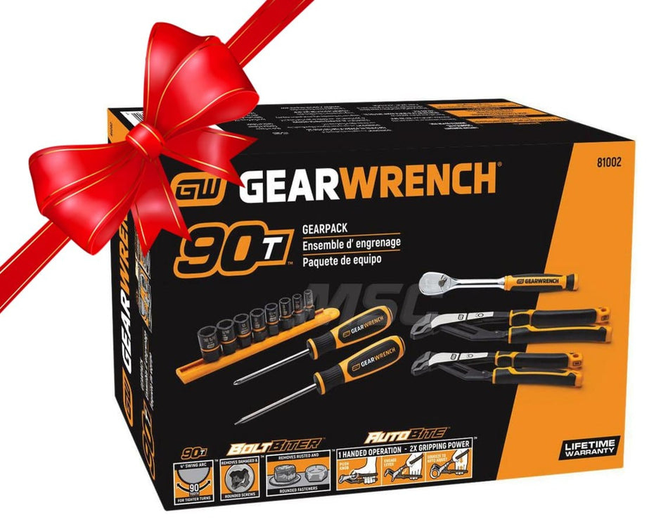 The closed retail packaging box for the GEARWRENCH 13-piece Bolt Biter Gearpack, displaying the tools and key feature graphics (90T, Bolt Biter, Auto-Bite) on the front with a red christmas bow.