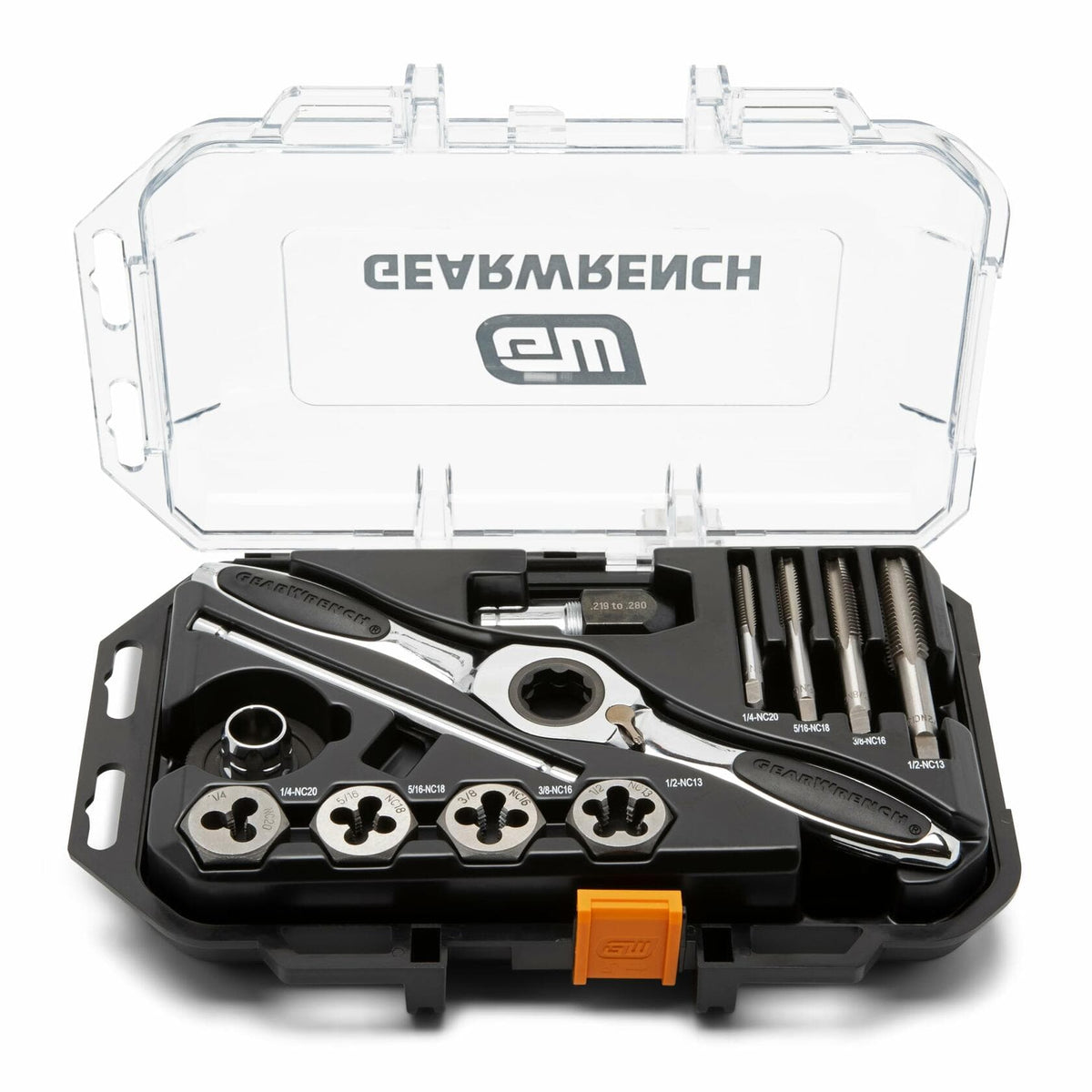 GEARWRENCH tap and die set displayed in a clear plastic case with black base. Includes five round dies, five matching taper taps, a ratcheting T-handle, die stock handle, and die adapter. Each tool is labeled with SAE thread sizes for easy identification