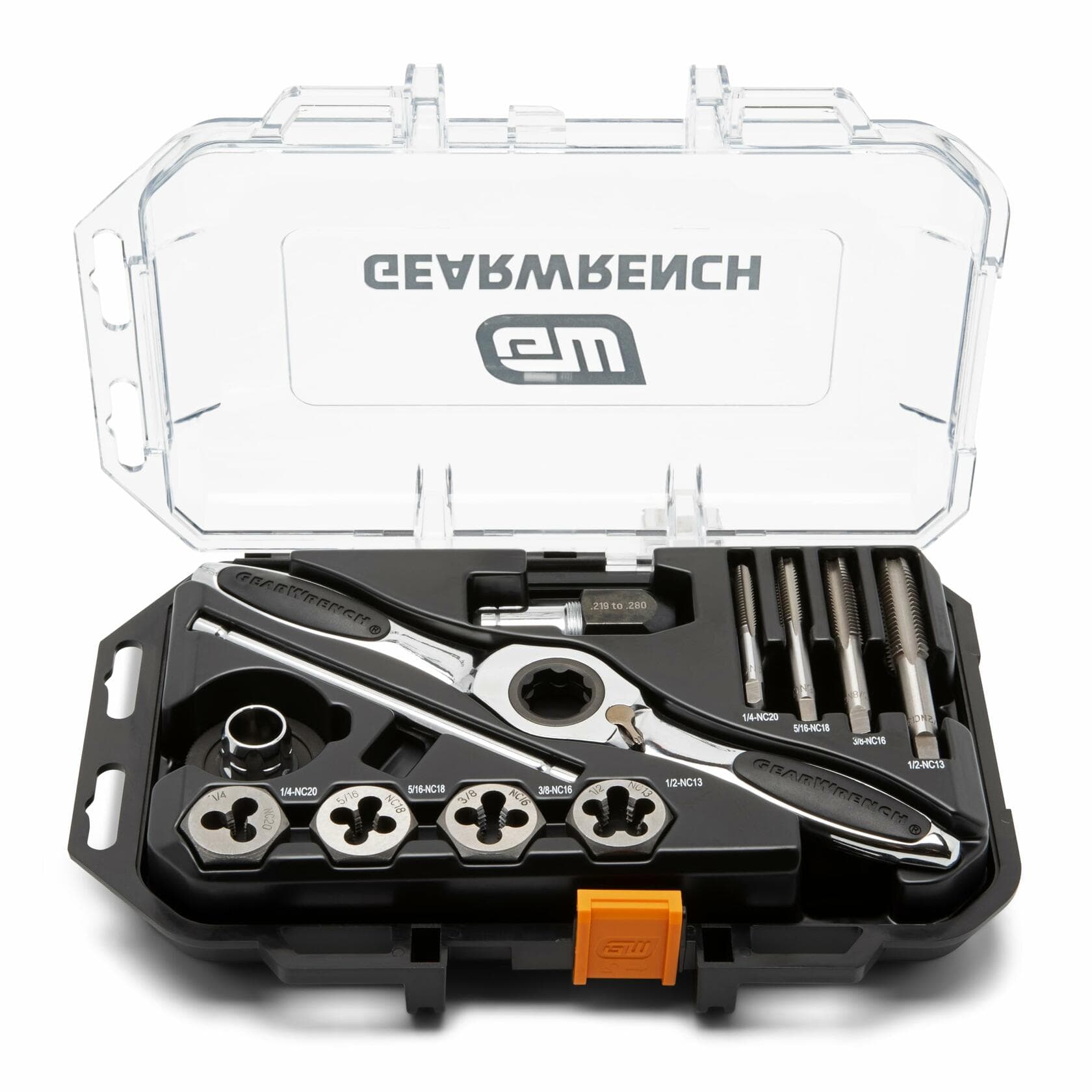 GEARWRENCH tap and die set displayed in a clear plastic case with black base. Includes five round dies, five matching taper taps, a ratcheting T-handle, die stock handle, and die adapter. Each tool is labeled with SAE thread sizes for easy identification