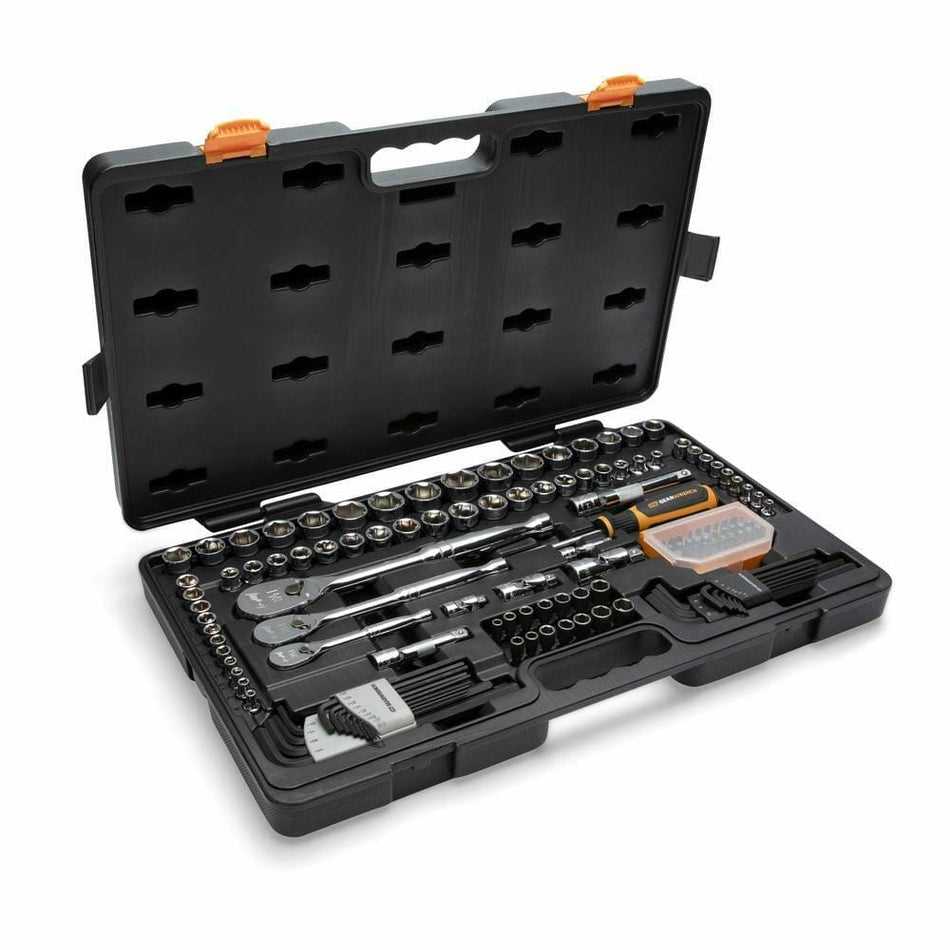 This is an open, black plastic carrying case containing a large mechanic's tool set. Inside, dozens of sockets, several ratchets, extensions, a multi-bit screwdriver, and multiple Allen keys are neatly organized in molded compartments.