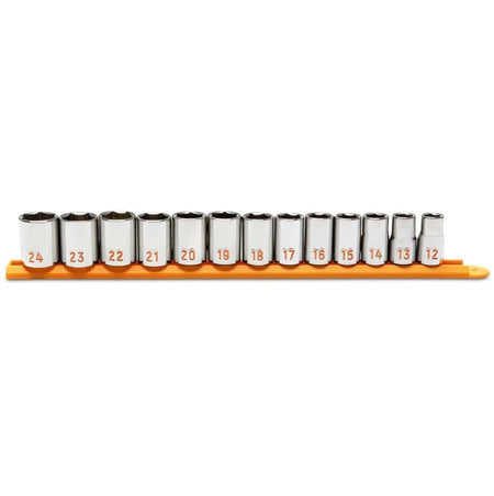 A comprehensive studio shot of the GEARWRENCH 13-piece 1/2 inch drive metric Hi-Viz standard socket set organized on a professional orange socket rail, showcasing the shallow profile and high-visibility orange color-filled size markings ranging from 12mm to 24mm.