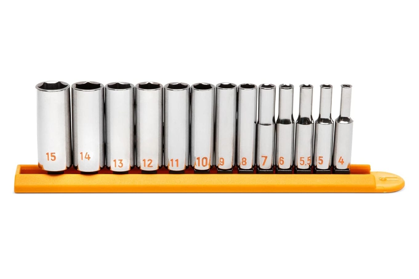 A comprehensive studio shot of the GEARWRENCH 13-piece 1/4 inch drive metric Hi-Viz deep socket set organized on a professional orange socket rail, featuring sizes from 4mm to 15mm with high-visibility orange markings.