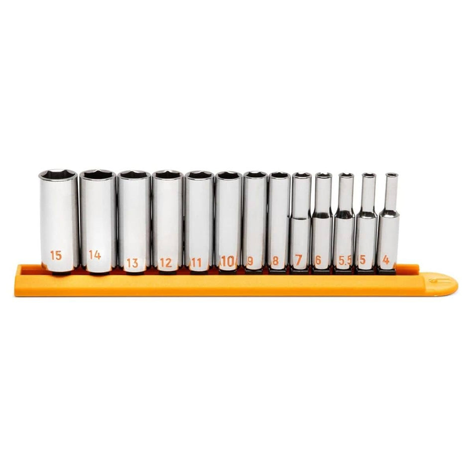 A comprehensive studio shot of the GEARWRENCH 13-piece 1/4 inch drive metric Hi-Viz deep socket set organized on a professional orange socket rail, featuring sizes from 4mm to 15mm with high-visibility orange markings.