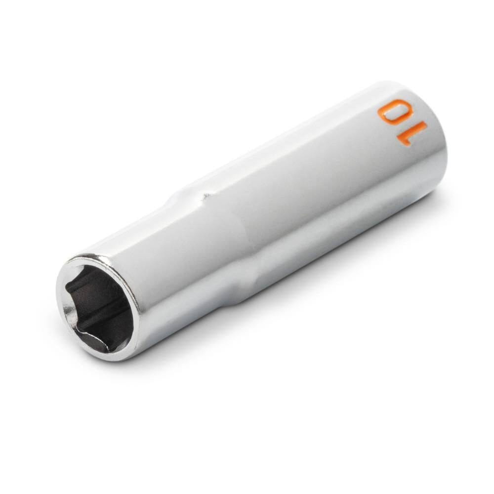An angled perspective view of a single GEARWRENCH 10mm 1/4 inch drive deep socket, showcasing the sleek full polish chrome alloy steel construction and the high-visibility orange color-filled size stamping.