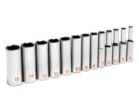 A side-profile layout of the 13 metric deep sockets in the 80304H set arranged in size order, emphasizing the consistent high-visibility markings and professional chrome finish for all sizes from 4mm to 15mm.