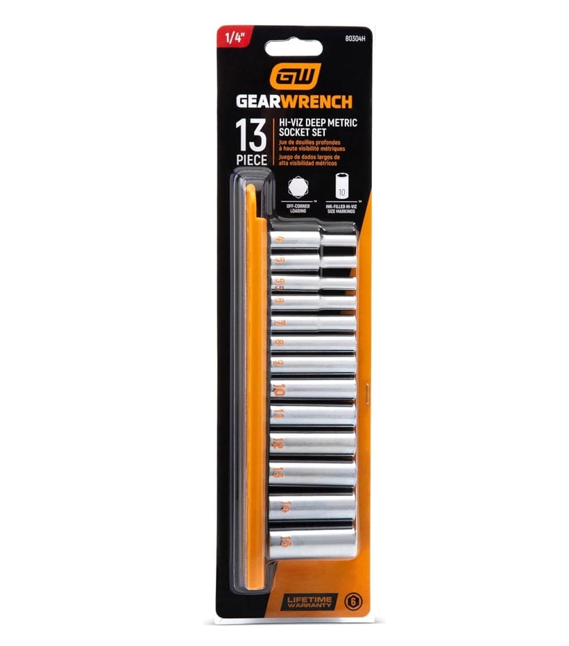 The retail packaging for the GEARWRENCH 13-piece Hi-Viz deep metric socket set, featuring the professional orange socket rail and calling out key features such as off-corner loading and ink-filled markings.